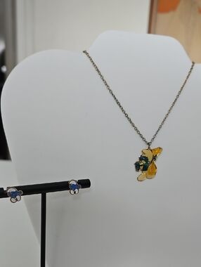 Gold and Blue Enamel Smurf Pendant Necklace and Matching Earrings - Unbranded